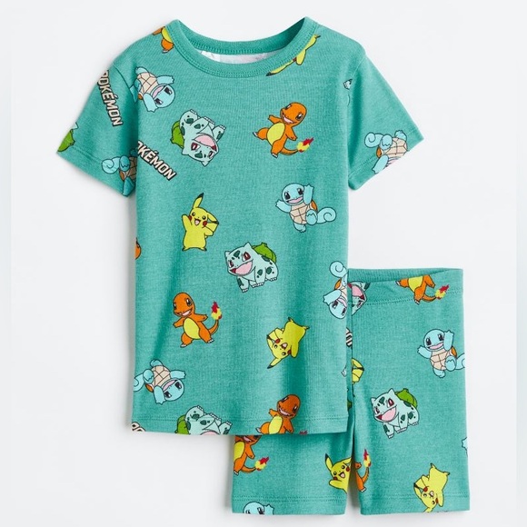 NWT H&M x Pokémon Cotton Jersey Pajamas, Turquoise Green - Picture 1 of 2